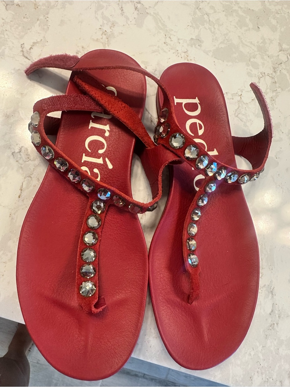 Pedro García Red Jeweled Leather T-Strap Sandals